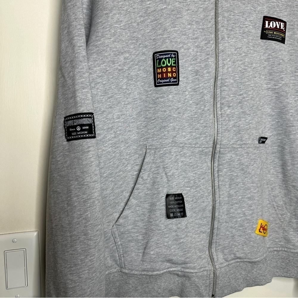Love Moschino Mens Patches Zipper Hoodie Grey XXL - Picture 3 of 9